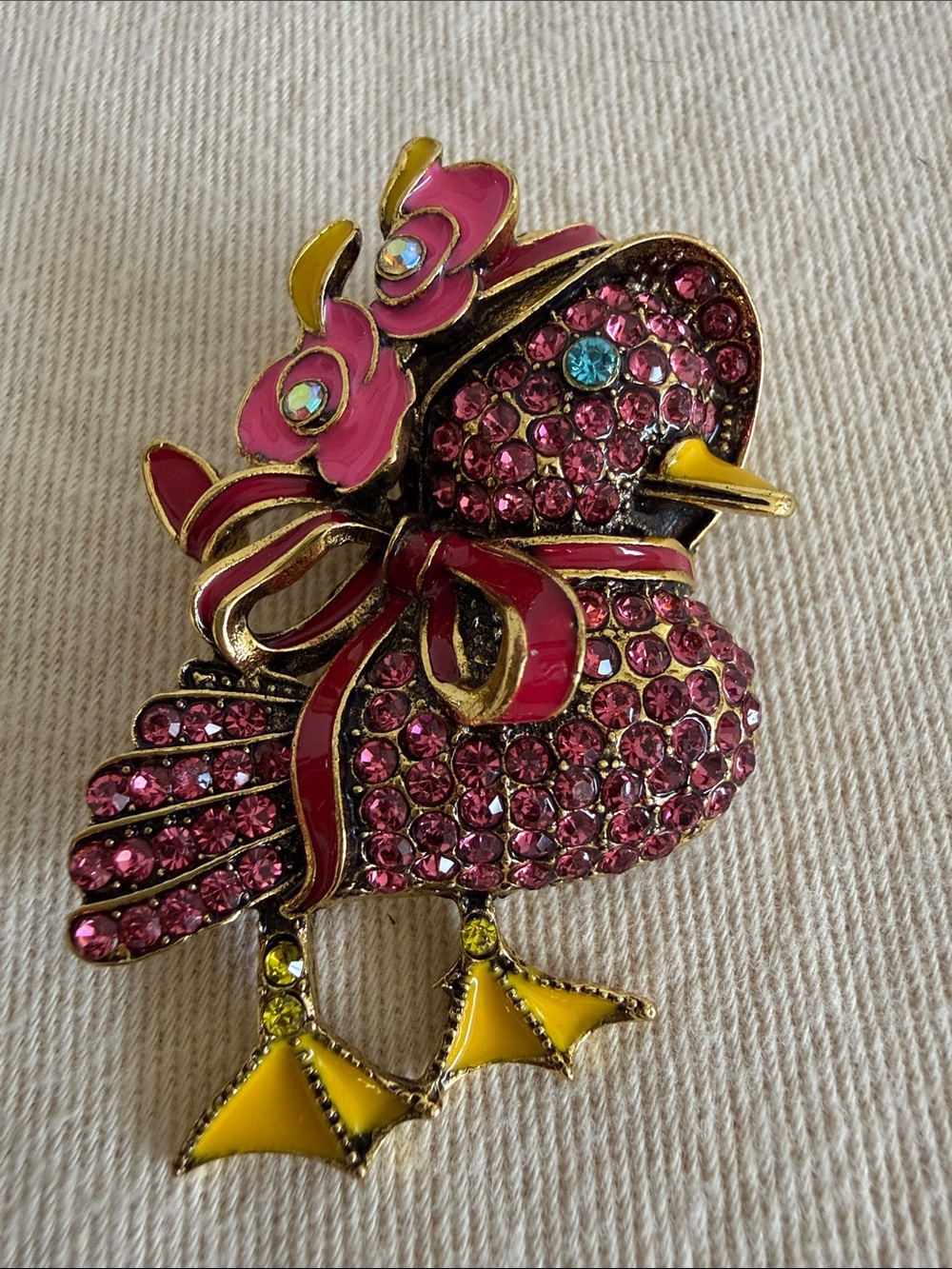 Pink Crystal Duck Brooch with Yellow Accents